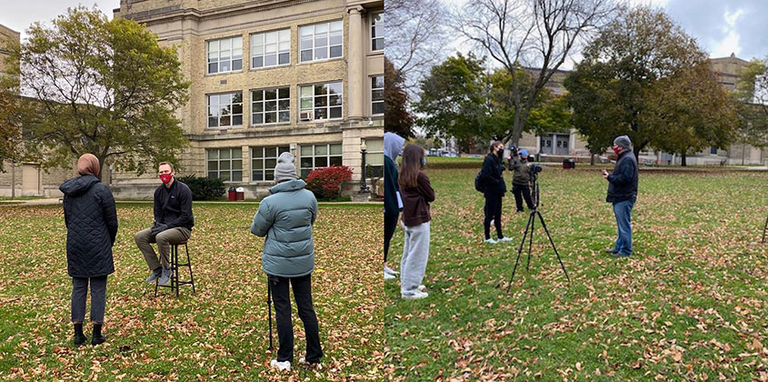 Fall 2020; Mike Halloran and Amelia Hernandez worked with students in the Video Journalism class on a project, all filmed safely outside of the school.
