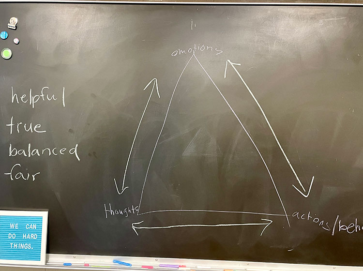 Therapy tools written on the blackboard in Catie Gamma’s SIS office